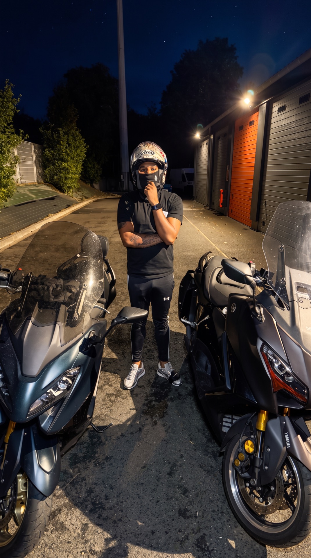 Le pilote entre son maxi-scooter et une sportive, la nuit, devant les box de garage.